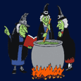 Three old witches conjuring up a spell over their cauldron