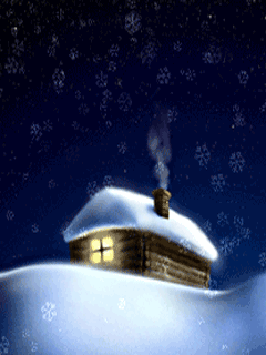 Animated snow falling on cabin on hill