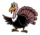 Animated cartoon turkey smiling and waving it's feathers at you