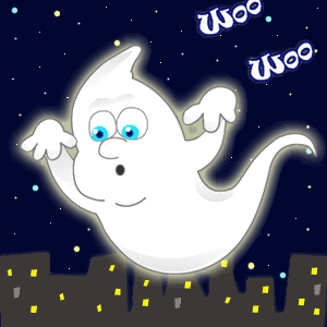 Young little cartoon ghost having a good old time howling and haunting passers by in the big city, animated gif clip art