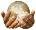 Clip art image of two hands holding spinning earth globe