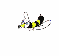 Cartoon wasp flying along gets a little too close to a frog (off screen) and the frog snatches it out of the air for lunch with it's tongue