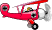 Red Baron animated clip art flying in his biplane over Germany running up the score