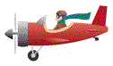 Cartoon image of little red airplane flying by