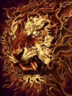 Animated lion head made of fire burning in flames