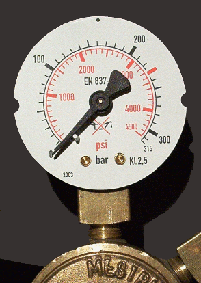 Animated pressure gauge rises then drops