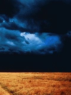 Animated lightning striking from dark cloud in the prairie