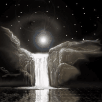 Moving animated running waterfall at night under stars and moonlight