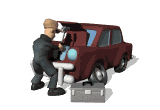 mechanic working on car under hood animation