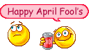 Happy April Fool s greeting, Emoticon shakes up a can of soda and gives it to a friend
