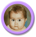 Animated baby in round purple frame being cute batting eye brows 