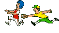 Animated baseball player trying to tag out runner