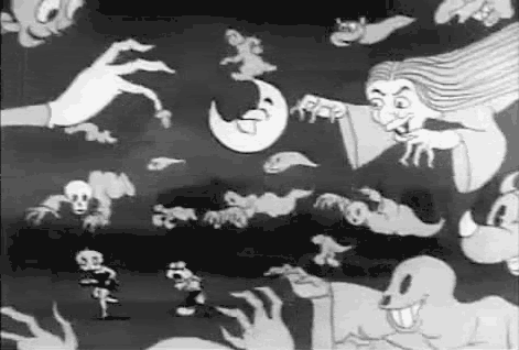 Old black and white cartoon motion animation of Betty Boop running from a herd of ghosts and goblins and a whack of ghouls and gremlins