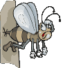 A cartoon bee in a mess cause it's stinger got stuck in some wood