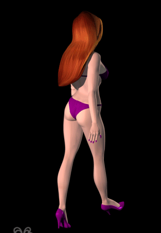 Moving rotating 360 degree view of girl in purple bikini walking animated clip art picture