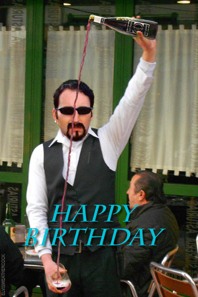 Happy Birthday, care for a long tall glass of wine, animation showing endless bottle of wine pouring into a glass