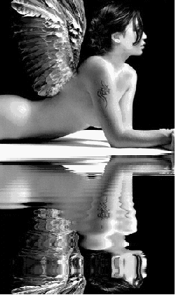 Black and white animation of a fairy lying on the beach and her reflection in water