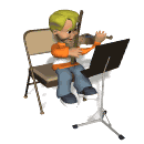 Little boy sitting on a chair with a music stand practicing the violin at school