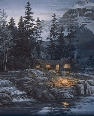 Animated cabin scene with campfire beside river and running waterfall