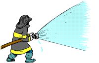 Animated cartoon firefighter spraying water on fire