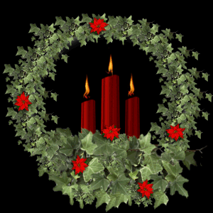Animated Christmas wreath with three candles burning