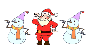 Animated Santa Clause dancing with snowmen