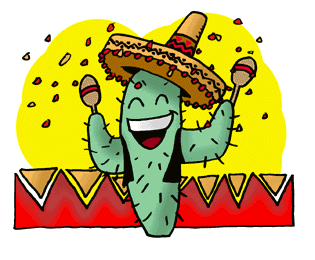 Moving clip art animation of happy cactus wearing a sombrero shaking maracas to Cinco de Mayo music