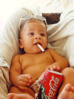 Animated cool baby smoking, drinking coke and eating chips
