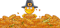 Little moving Pilgrim emoticon chowing down on a pile of corn