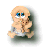Animated googly eyed baby holding teddy bear