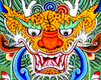 Colorful animated Chinese Dragon with flashing eyes opens and closes mouth 