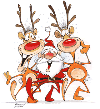Animated Santa Clause dancing with reindeer unwinding after a hard nights work