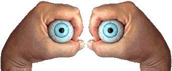 Hands holding animated eyeballs looking left then moving right then looking straight at you