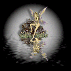 Fantasy moving picture animation of fairy sitting on a rock in front of rippling water