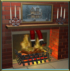 Animated gif of Santa getting a little hot foot when he gets stuck in the chimney, too many cookies