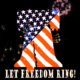 Fireworks bursting in the air behind the icon of The Liberty Bell with the caption "Let Freedom Ring", patriotic gif animation for Independence Day.