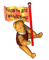 Animated Teddy bear snapping his paw to Uncle Cracker singing Follow Me while holding a flag "Follow me and I will follow you"