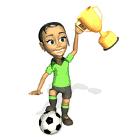 Animated little girl in green top holding up soccer trophy