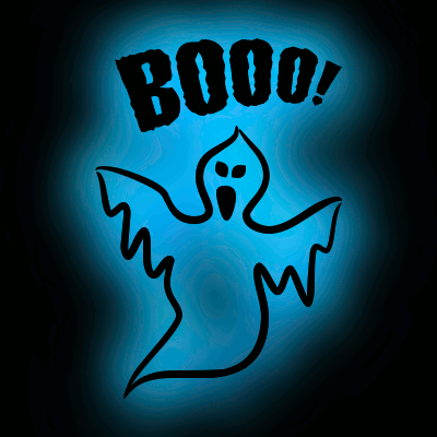 The word BOOO! and a picture of a ghost drawn in glowing blue ectoplasm