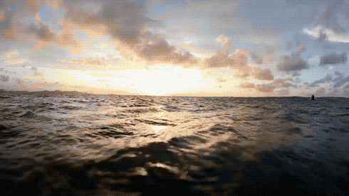 Animated clip art image of open ocean waves in the water with a glimpse of land in the distant horizon