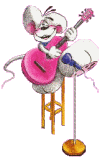 Animated mouse on stool playing pink guitar