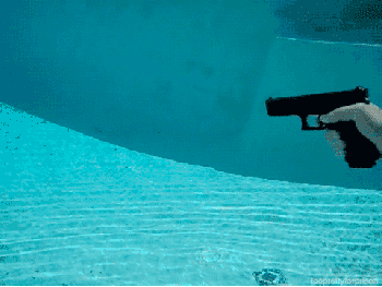 An example of what happens when you shoot a gun underwater, bullet instantly slows when confronted with the friction of the water