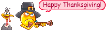 Emoticon Pilgrim with a gun hunting turkey for Thanksgiving while turkey hides behind him in front of Happy Thanksgiving sign