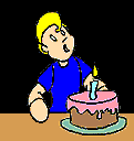 Animation of a guy trying to blow out a trick candle on a birthday cake but it just won't go out