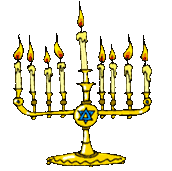 Menorah with eight lighted candles plus the Shamash Candle above the rest