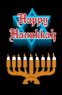 Animated banner with lit Menorah says Happy Hanukkah