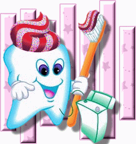 Clip art banner for dental hygiene showing a tooth holding a toothbrush with toothpaste and a dental floss dispenser