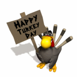 Animated cartoon turkey holding Happy Turkey Day sign