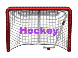 Animated clip art picture of hockey net hockey stick and hockey puck on the ice