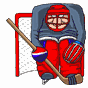 Hulking goalie in all his protective garb defending the net from the opposing team